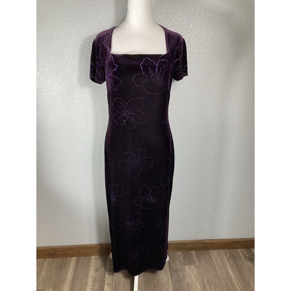 VTG Y2K Velvet Maxi Dress Whimsigoth Purple Glitter Floral Fairy Romantic 7/8